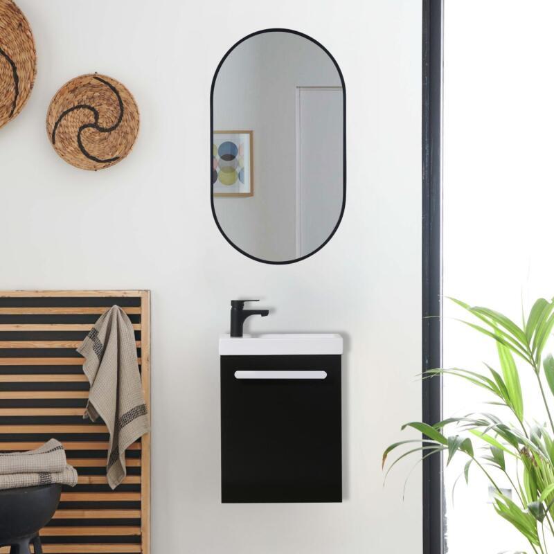 Ensemble lave-mains suspendu avec poignée métal, robinet noir et miroir ovale noir