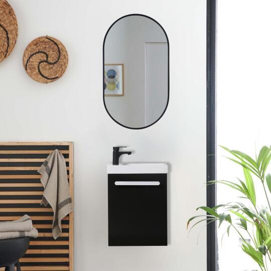 Ensemble lave-mains suspendu avec poignée métal, robinet noir et miroir ovale noir