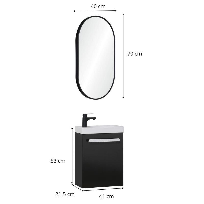Ensemble lave-mains suspendu avec poignée métal, robinet noir et miroir ovale noir