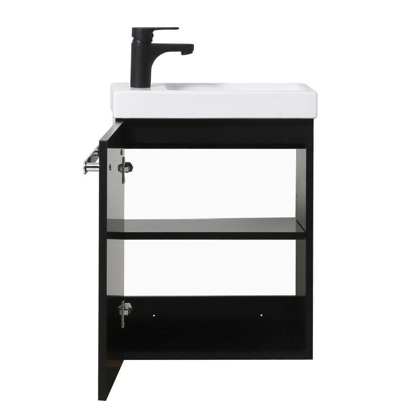 Ensemble lave-mains suspendu avec poignée métal, robinet noir et miroir ovale noir