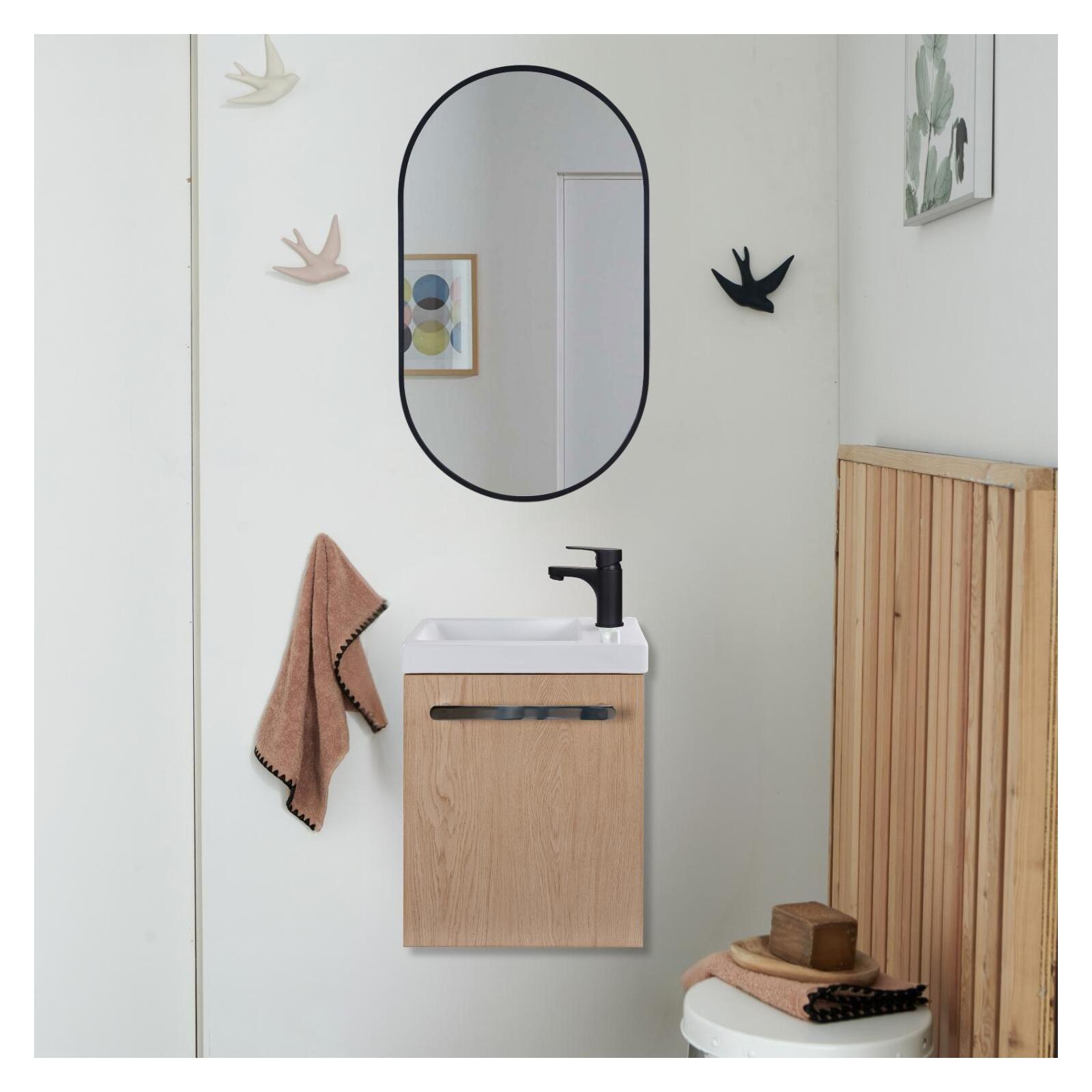 Ensemble lave-mains suspendu avec poignée métal, robinet noir et miroir ovale noir