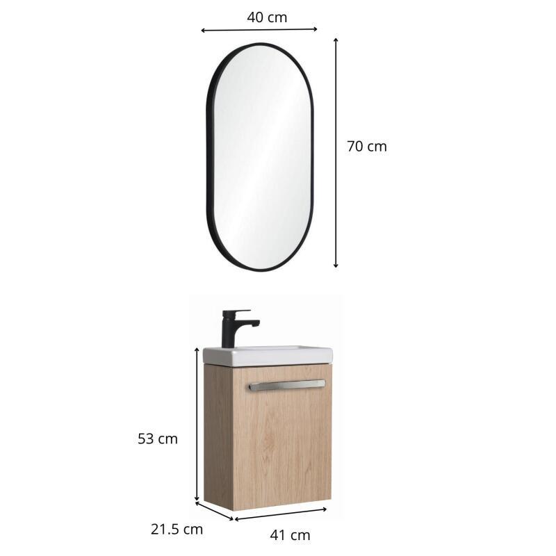Ensemble lave-mains suspendu avec poignée métal, robinet noir et miroir ovale noir