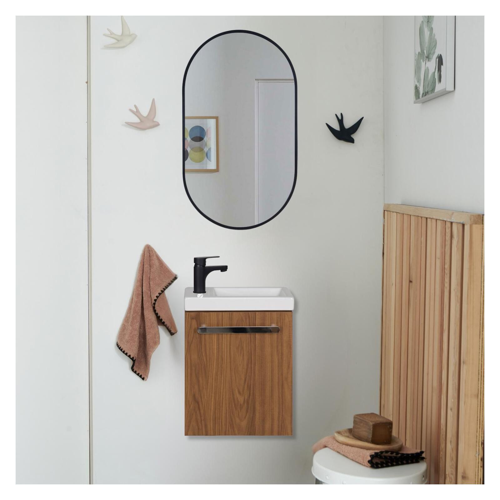 Ensemble lave-mains suspendu avec poignée métal, robinet noir et miroir ovale noir