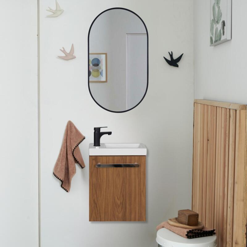Ensemble lave-mains suspendu avec poignée métal, robinet noir et miroir ovale noir