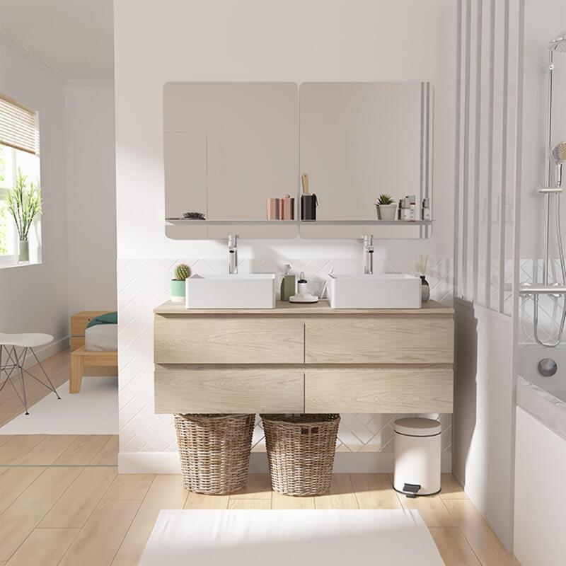 Ensemble meuble double vasque blanc 120 cm + 2 vasques + 2 miroirs + 2 robinets