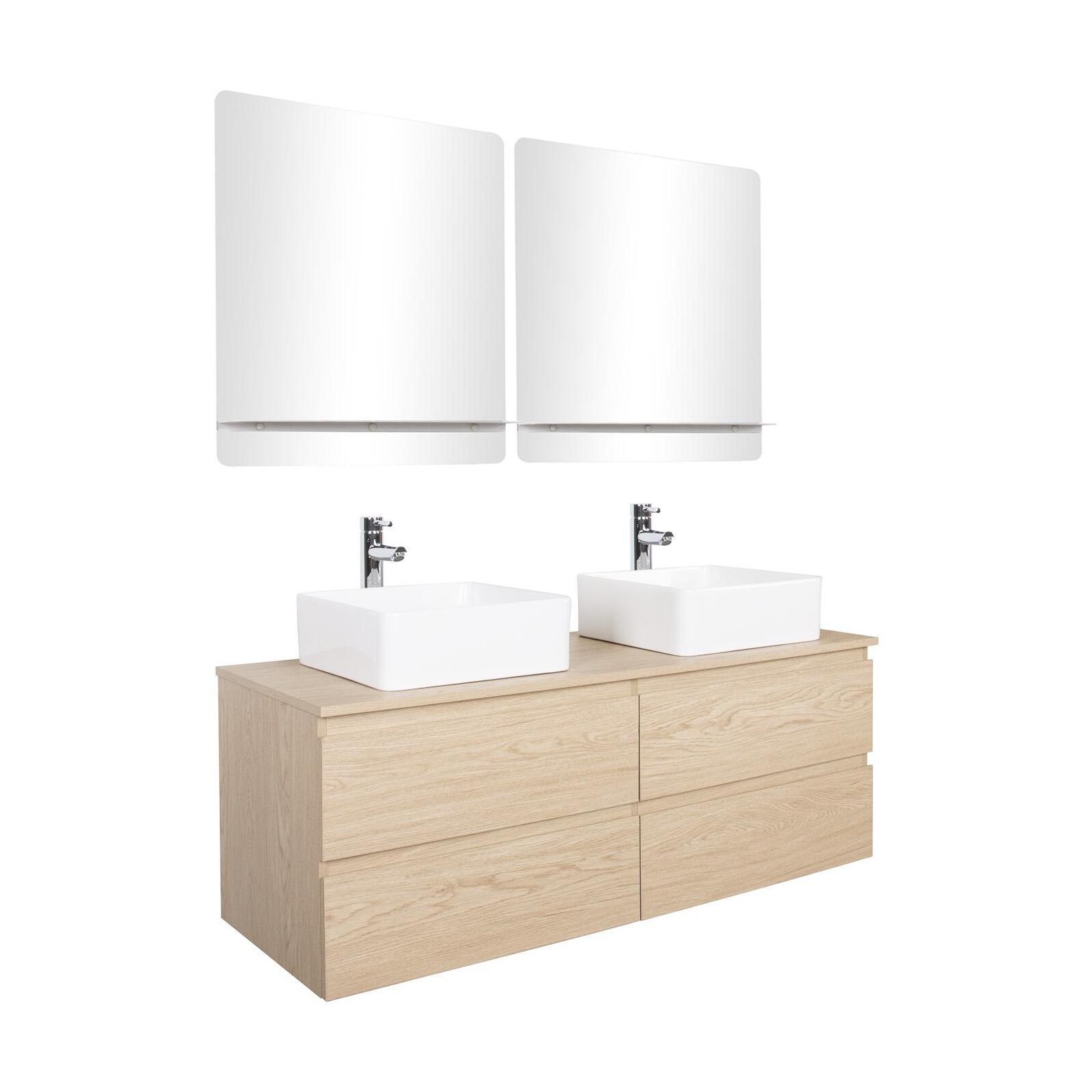 Ensemble meuble double vasque blanc 120 cm + 2 vasques + 2 miroirs + 2 robinets