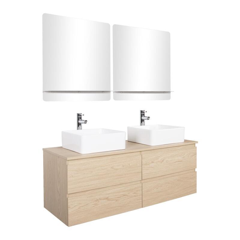 Ensemble meuble double vasque blanc 120 cm + 2 vasques + 2 miroirs + 2 robinets