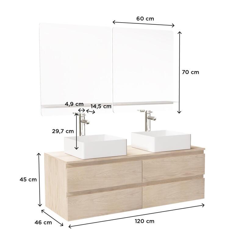 Ensemble meuble double vasque blanc 120 cm + 2 vasques + 2 miroirs + 2 robinets