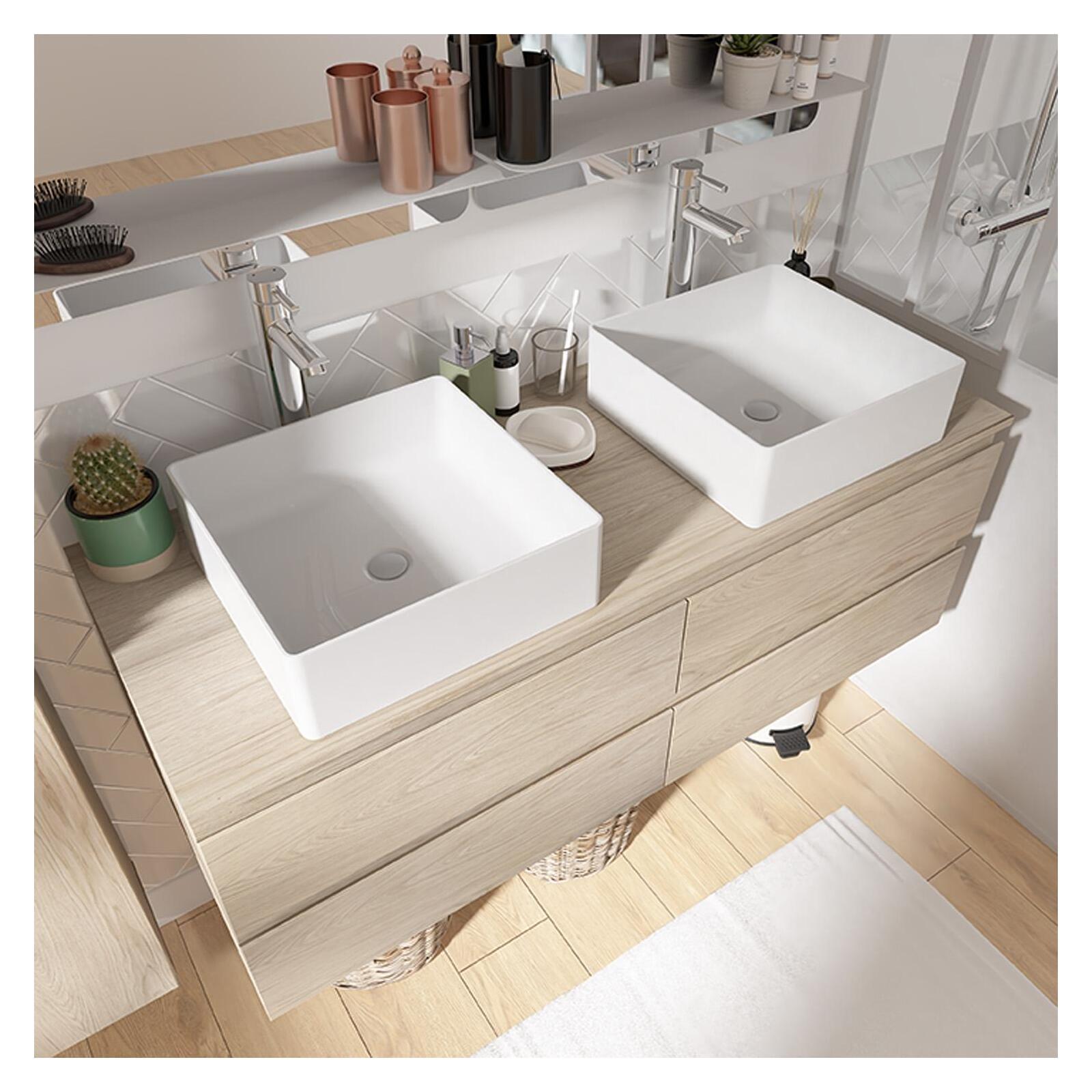 Ensemble meuble double vasque blanc 120 cm + 2 vasques + 2 miroirs + 2 robinets