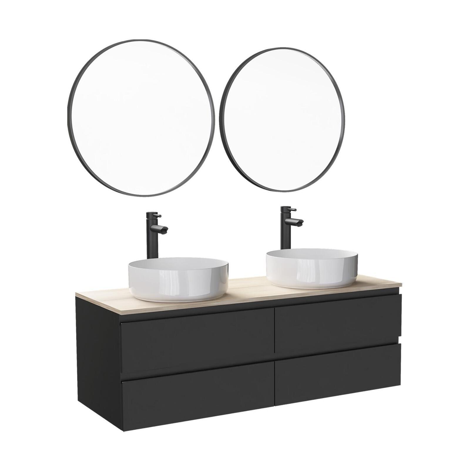 Ensemble meuble double vasque blanc 120 cm + 2 vasques + 2 miroirs + 2 robinets