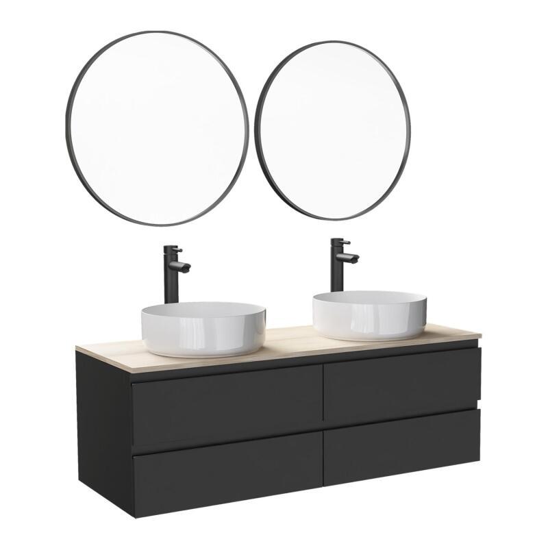 Ensemble meuble double vasque blanc 120 cm + 2 vasques + 2 miroirs + 2 robinets