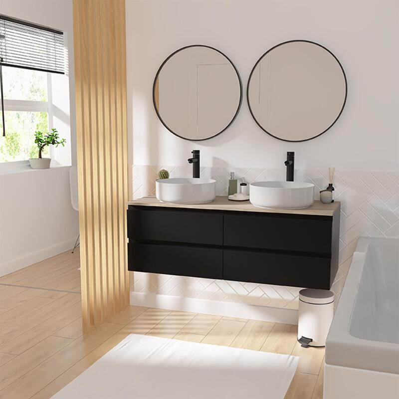 Ensemble meuble double vasque blanc 120 cm + 2 vasques + 2 miroirs + 2 robinets