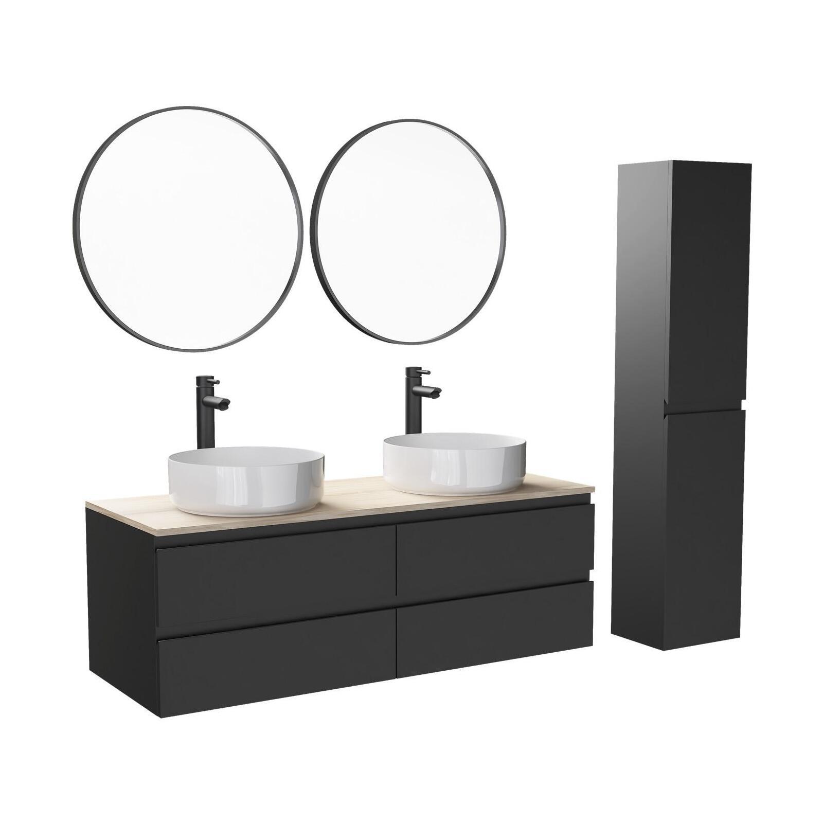 Ensemble meuble double vasque décor chêne 120 cm  + 2 vasques + 2 miroirs + 2 robinets + colonne