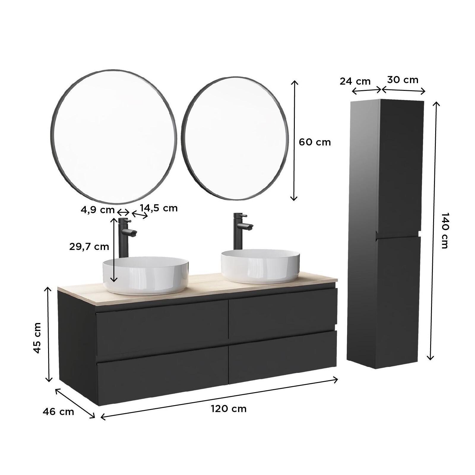 Ensemble meuble double vasque décor chêne 120 cm  + 2 vasques + 2 miroirs + 2 robinets + colonne