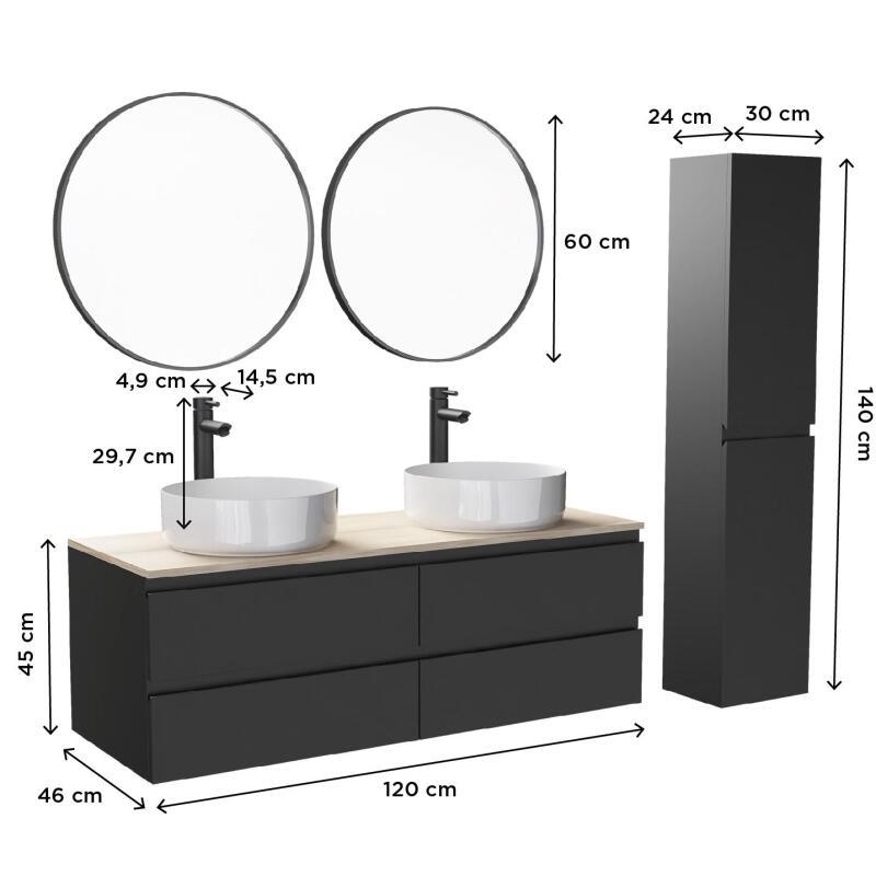 Ensemble meuble double vasque décor chêne 120 cm + 2 vasques + 2 miroirs + 2 robinets + colonne