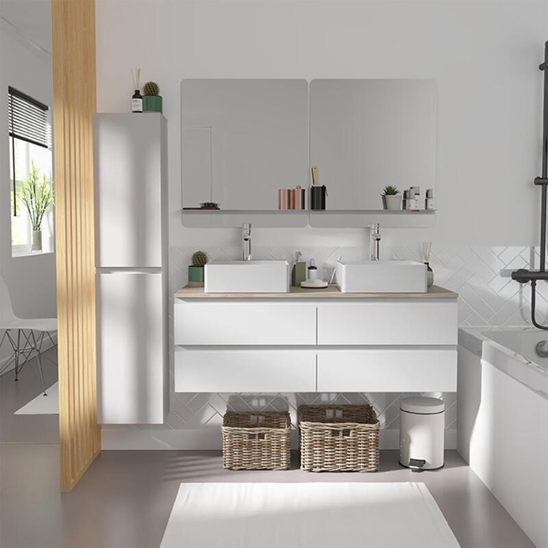 Ensemble meuble double vasque décor chêne 120 cm + 2 vasques + 2 miroirs + 2 robinets + colonne