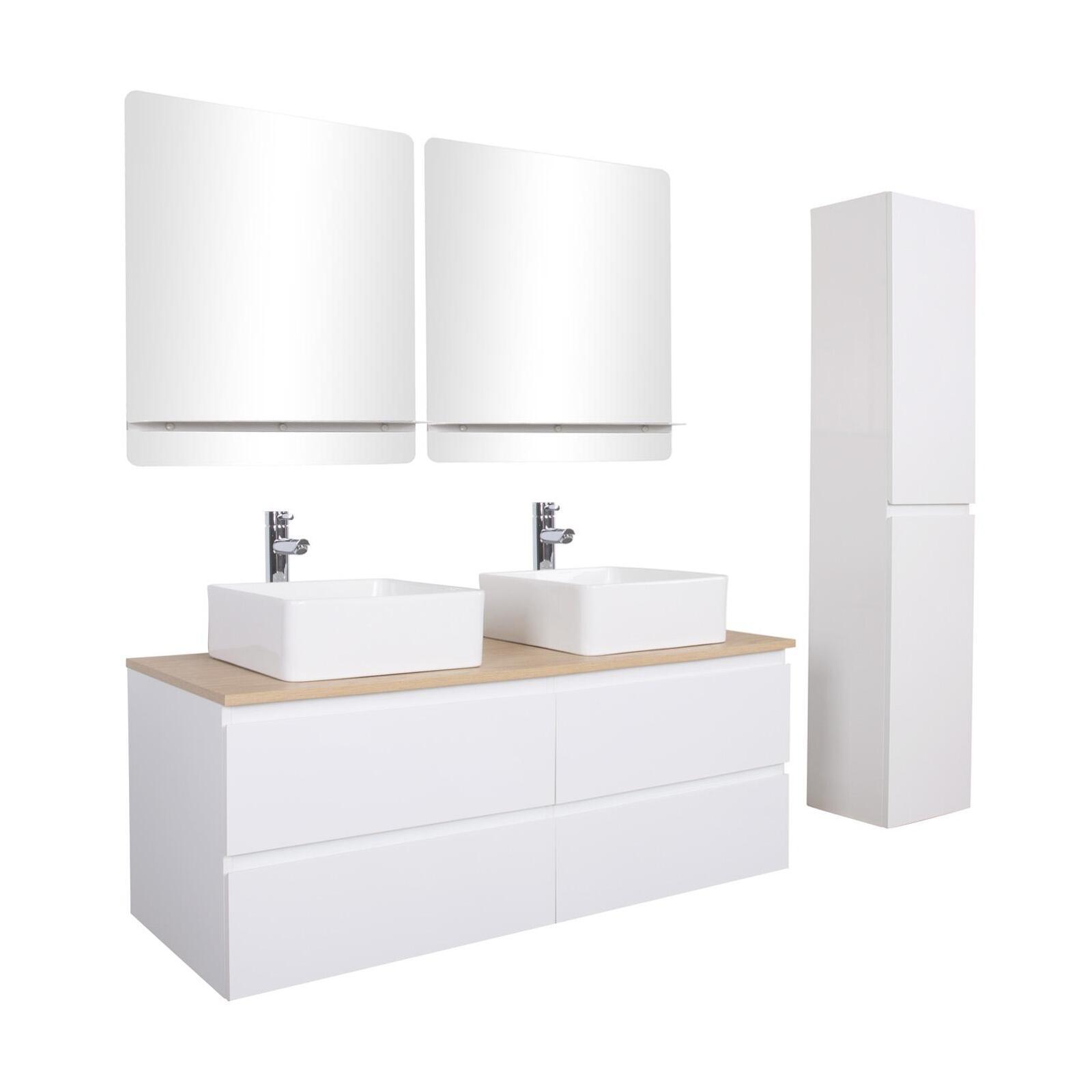 Ensemble meuble double vasque décor chêne 120 cm  + 2 vasques + 2 miroirs + 2 robinets + colonne