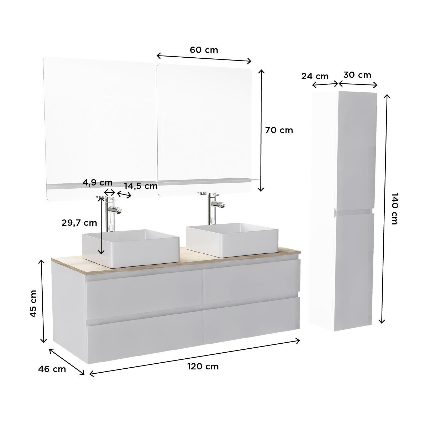Ensemble meuble double vasque décor chêne 120 cm  + 2 vasques + 2 miroirs + 2 robinets + colonne
