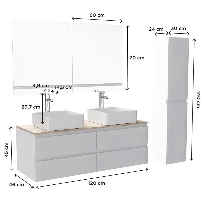 Ensemble meuble double vasque décor chêne 120 cm + 2 vasques + 2 miroirs + 2 robinets + colonne