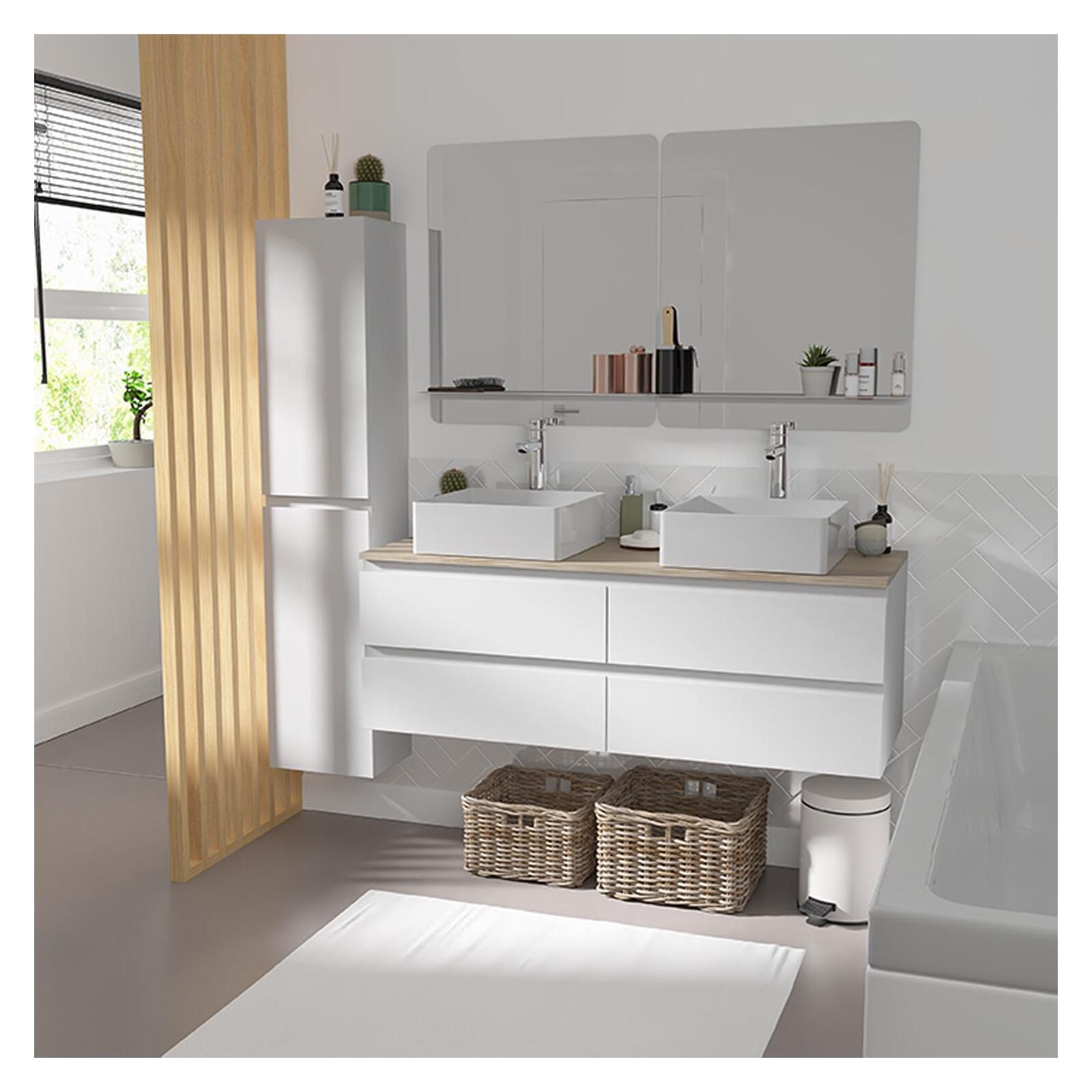 Ensemble meuble double vasque décor chêne 120 cm  + 2 vasques + 2 miroirs + 2 robinets + colonne