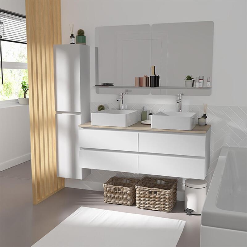 Ensemble meuble double vasque décor chêne 120 cm + 2 vasques + 2 miroirs + 2 robinets + colonne