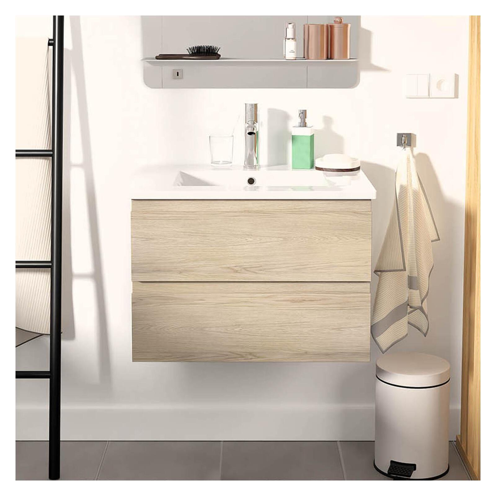 Ensemble meuble simple vasque décor chêne carbone 60cm + vasque + robinet