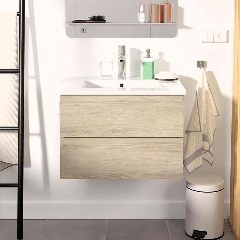 Ensemble meuble simple vasque décor chêne carbone 60cm + vasque + robinet