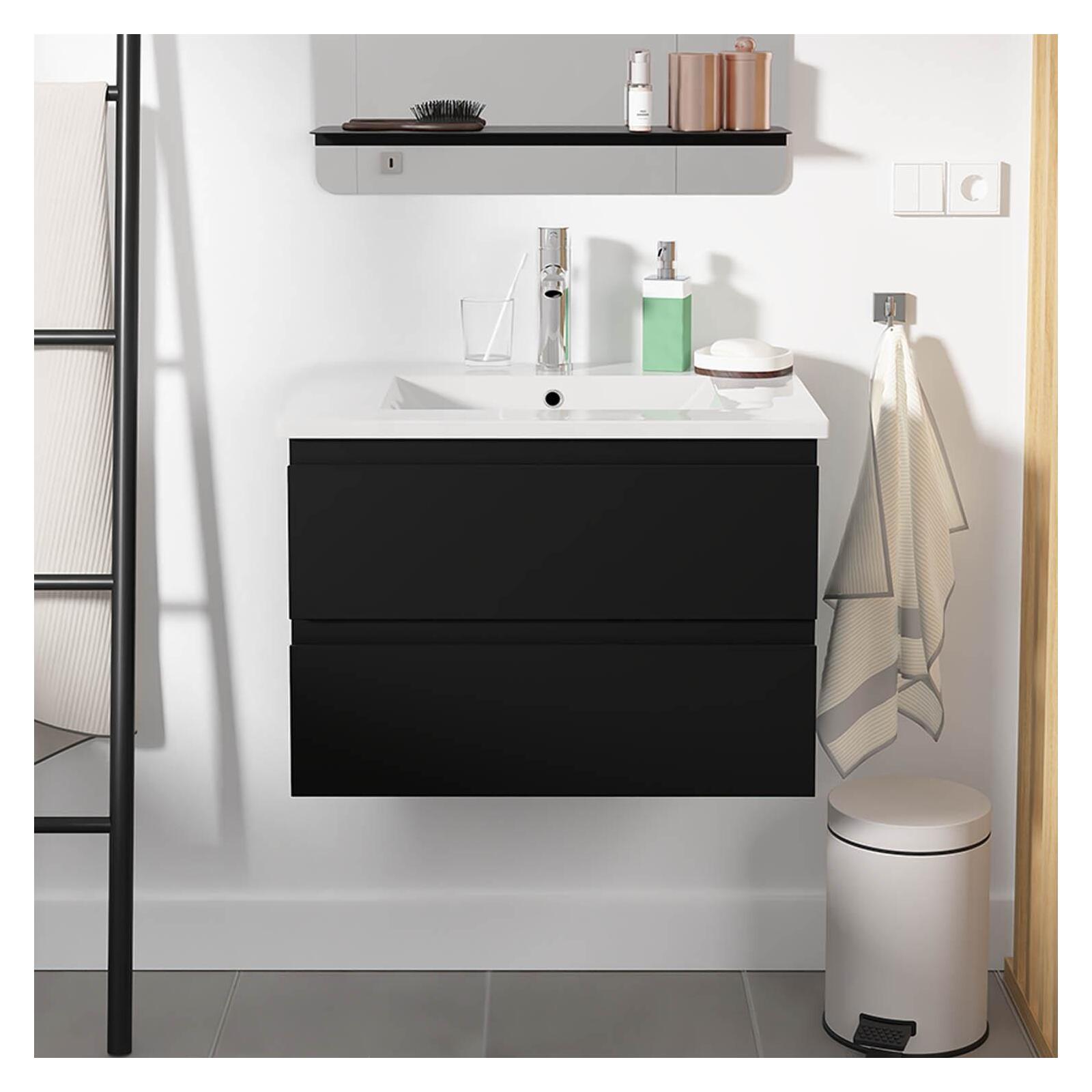 Ensemble meuble simple vasque décor chêne carbone 60cm + vasque + robinet