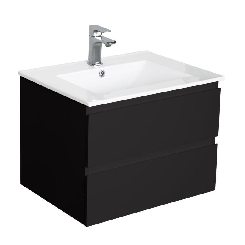 Ensemble meuble simple vasque décor chêne carbone 60cm + vasque + robinet