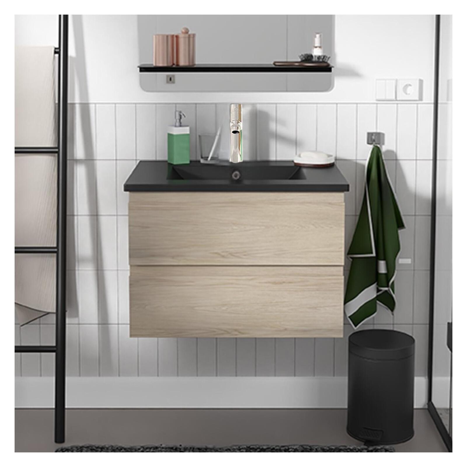 Ensemble meuble simple vasque décor chêne carbone 60cm + vasque + robinet