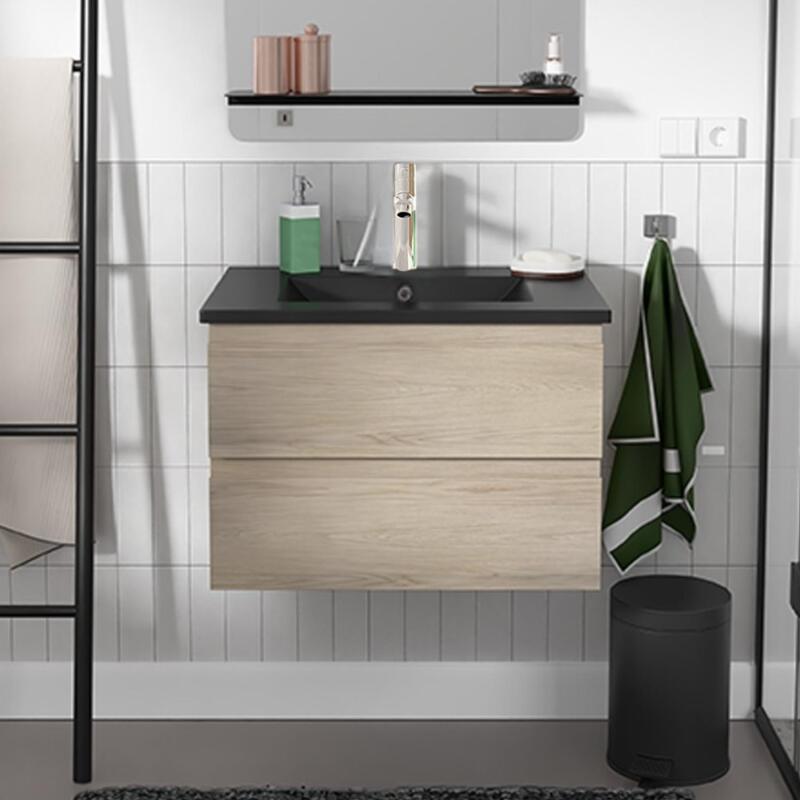 Ensemble meuble simple vasque décor chêne carbone 60cm + vasque + robinet