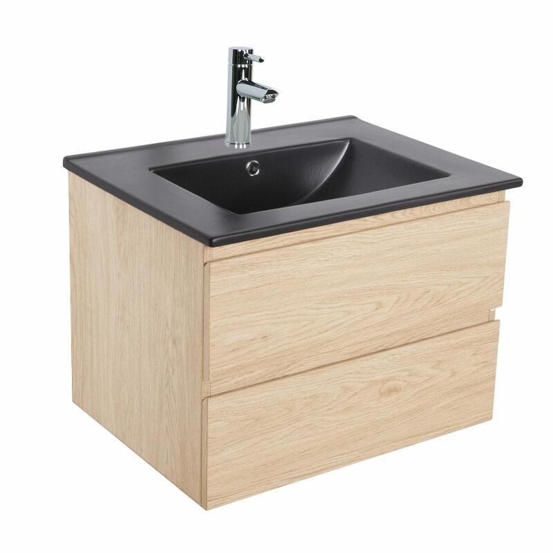Ensemble meuble simple vasque décor chêne carbone 60cm + vasque + robinet