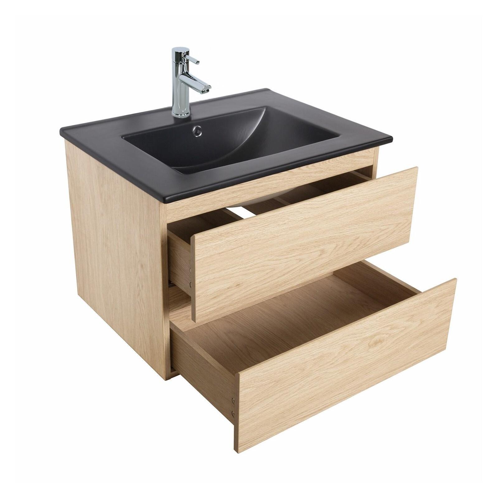 Ensemble meuble simple vasque décor chêne carbone 60cm + vasque + robinet