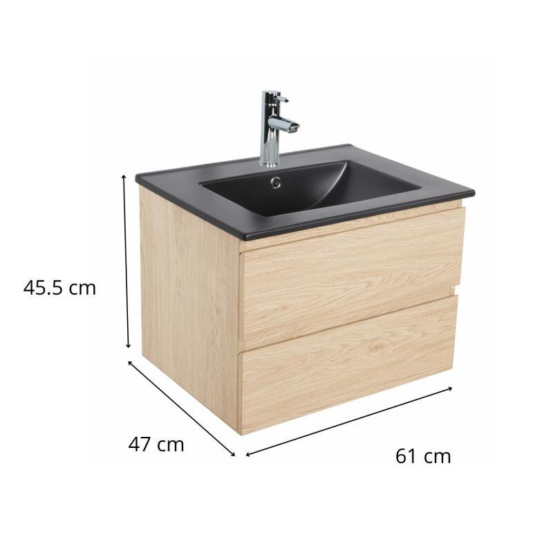 Ensemble meuble simple vasque décor chêne carbone 60cm + vasque + robinet