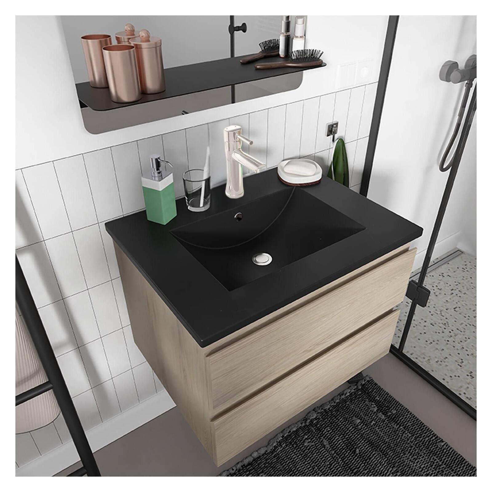 Ensemble meuble simple vasque décor chêne carbone 60cm + vasque + robinet