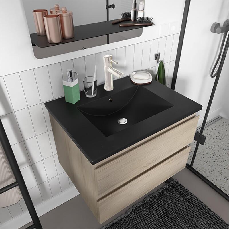 Ensemble meuble simple vasque décor chêne carbone 60cm + vasque + robinet