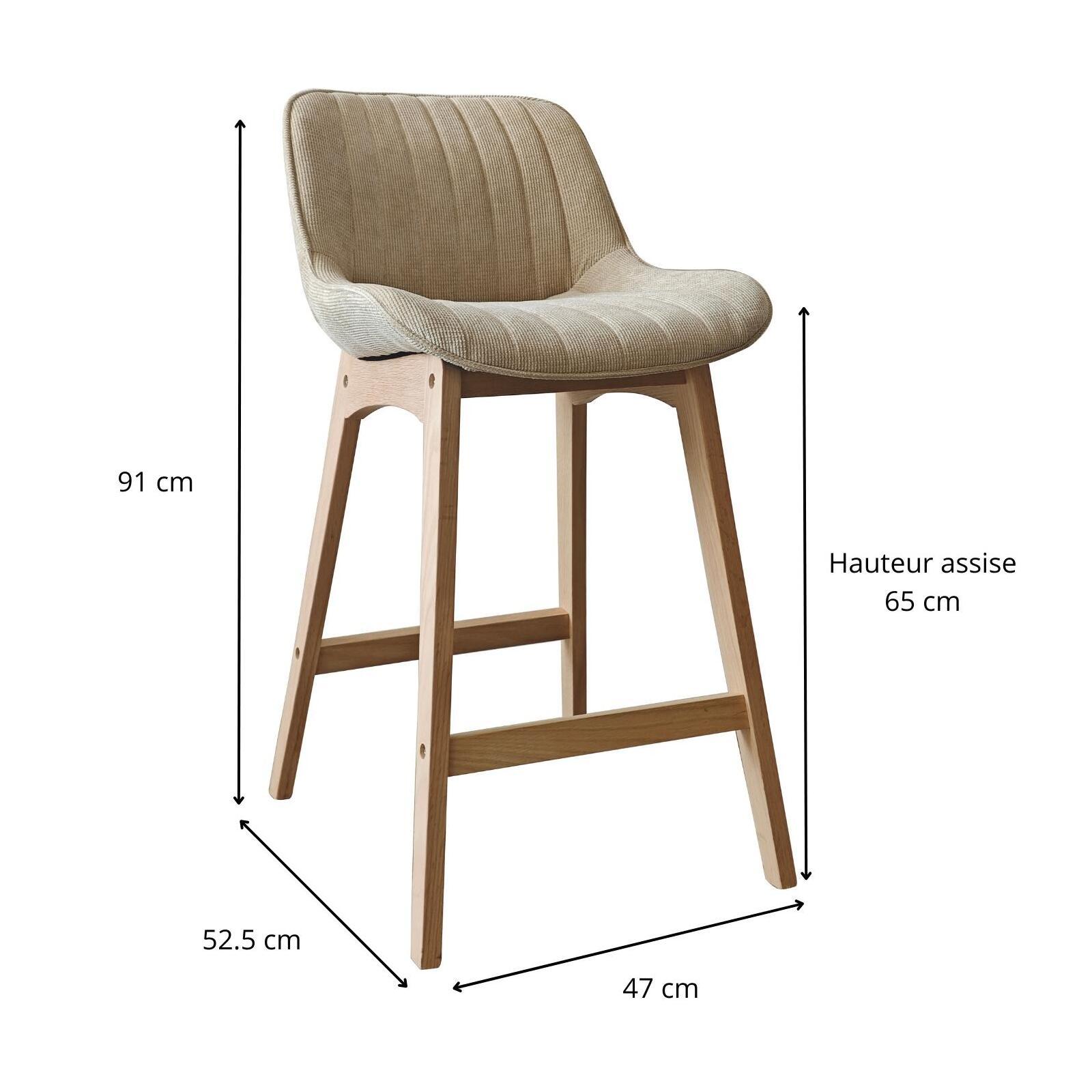 Lot de chaises d'îlot et bar en chêne et assise tissu velours côtelé 65cm