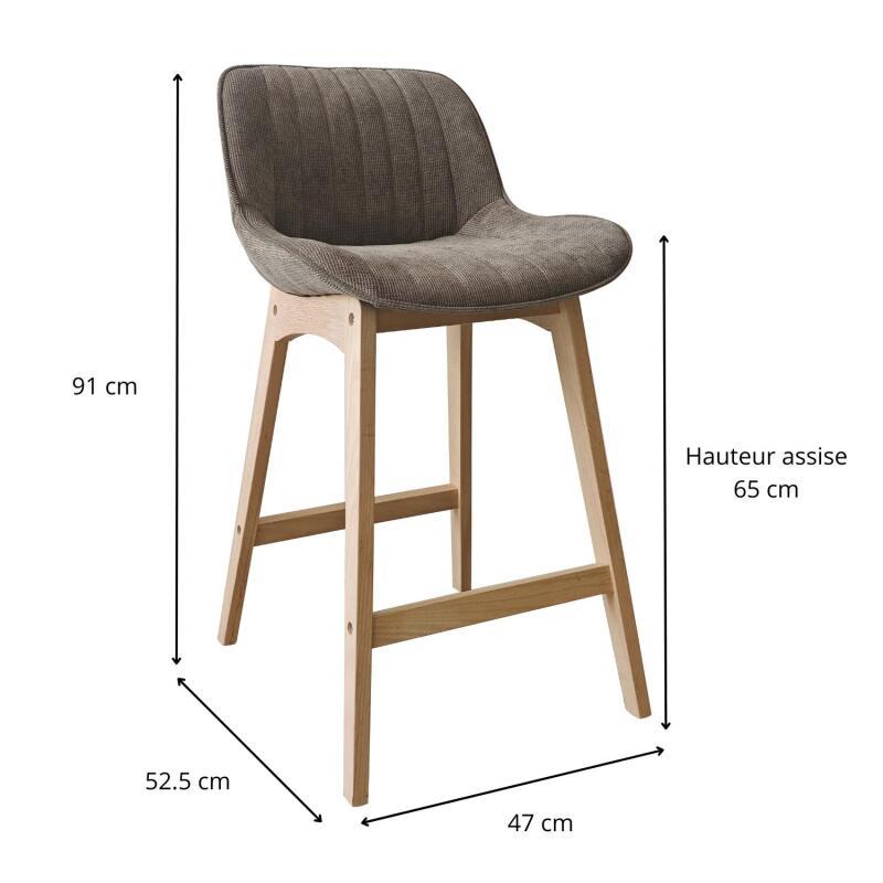 Lot de chaises d'îlot et bar en chêne et assise tissu velours côtelé 65cm