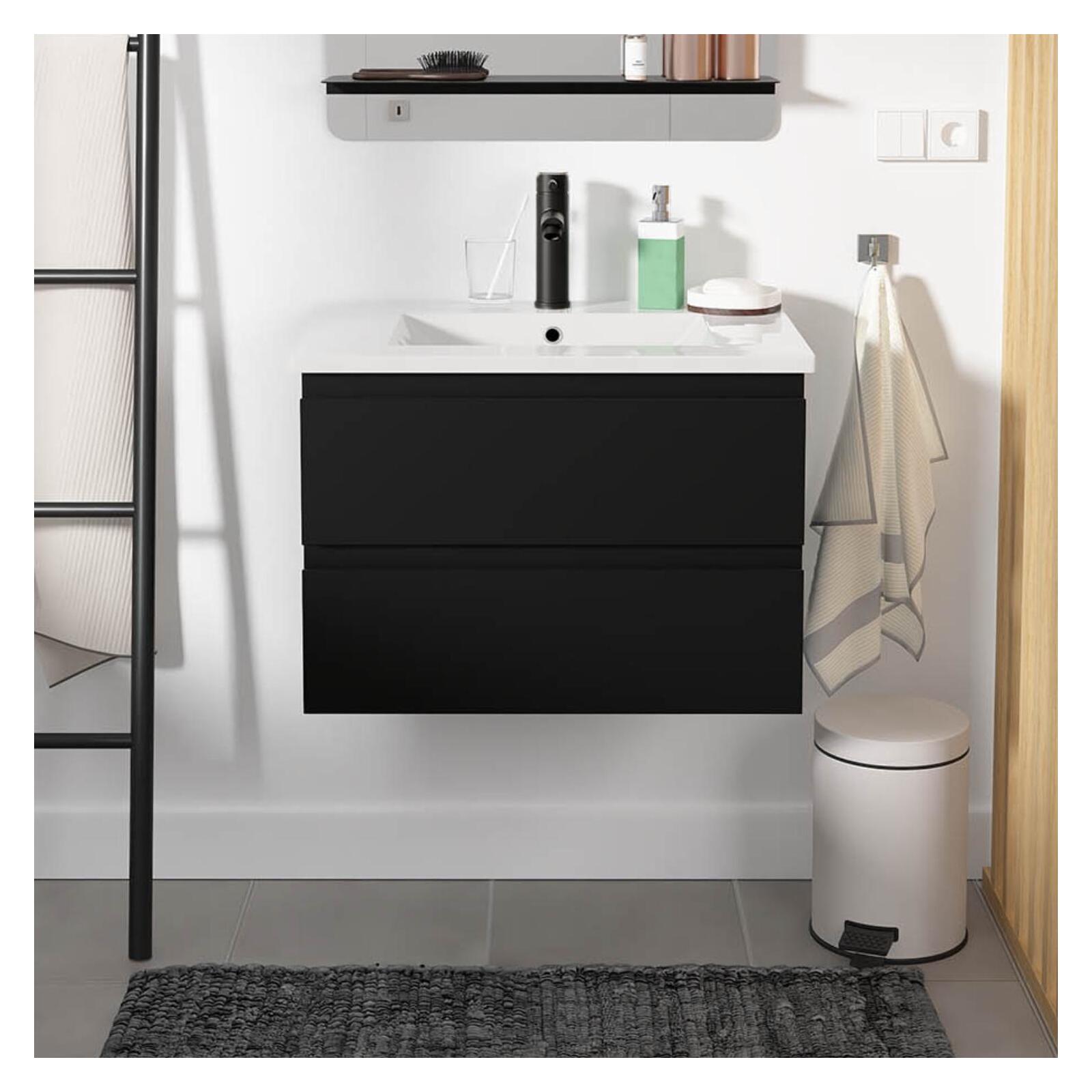 Ensemble meuble simple vasque décor chêne  carbone 60cm + vasque + robinet noir