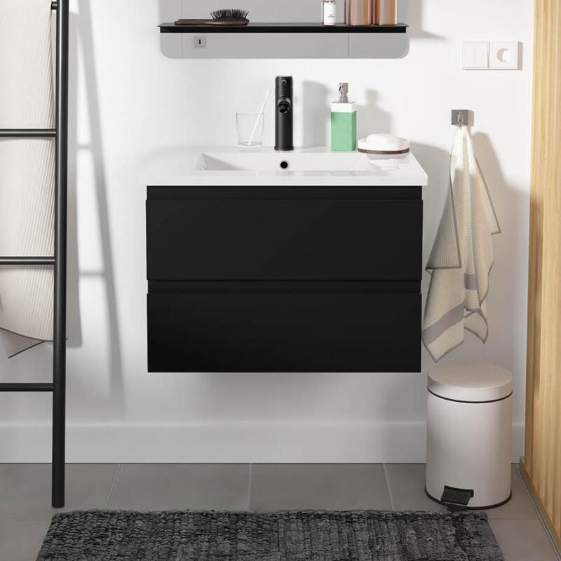 Ensemble meuble simple vasque décor chêne  carbone 60cm + vasque + robinet noir