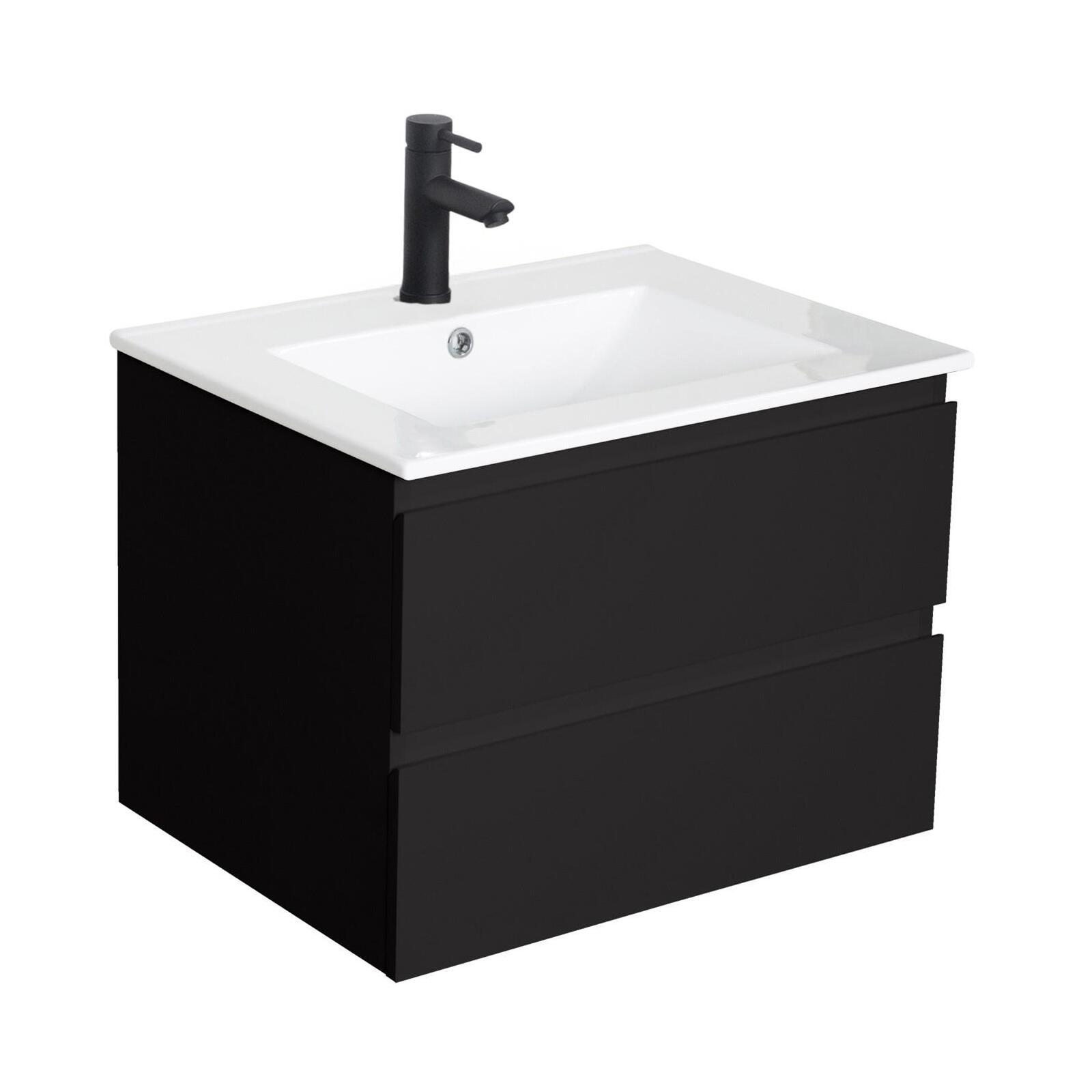 Ensemble meuble simple vasque décor chêne  carbone 60cm + vasque + robinet noir