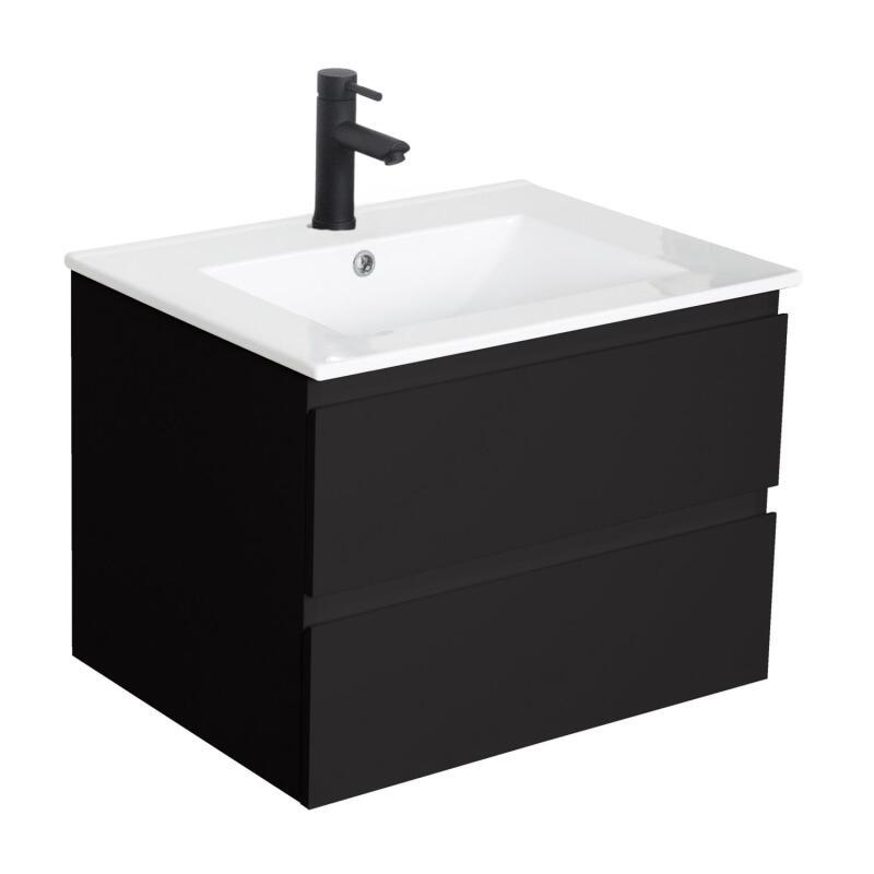 Ensemble meuble simple vasque décor chêne  carbone 60cm + vasque + robinet noir