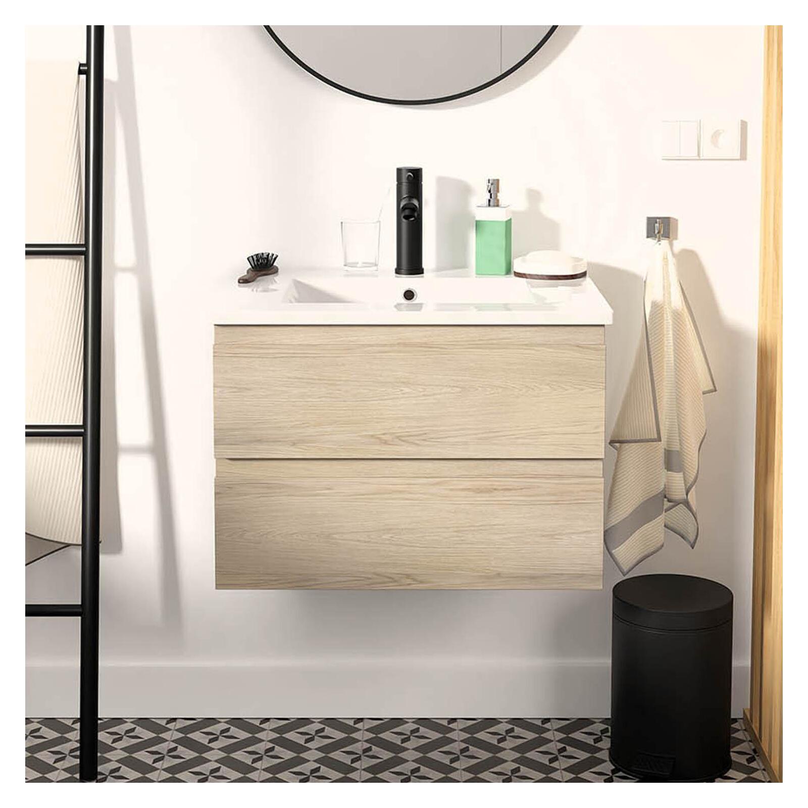 Ensemble meuble simple vasque décor chêne  carbone 60cm + vasque + robinet noir