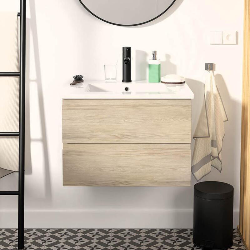 Ensemble meuble simple vasque décor chêne  carbone 60cm + vasque + robinet noir