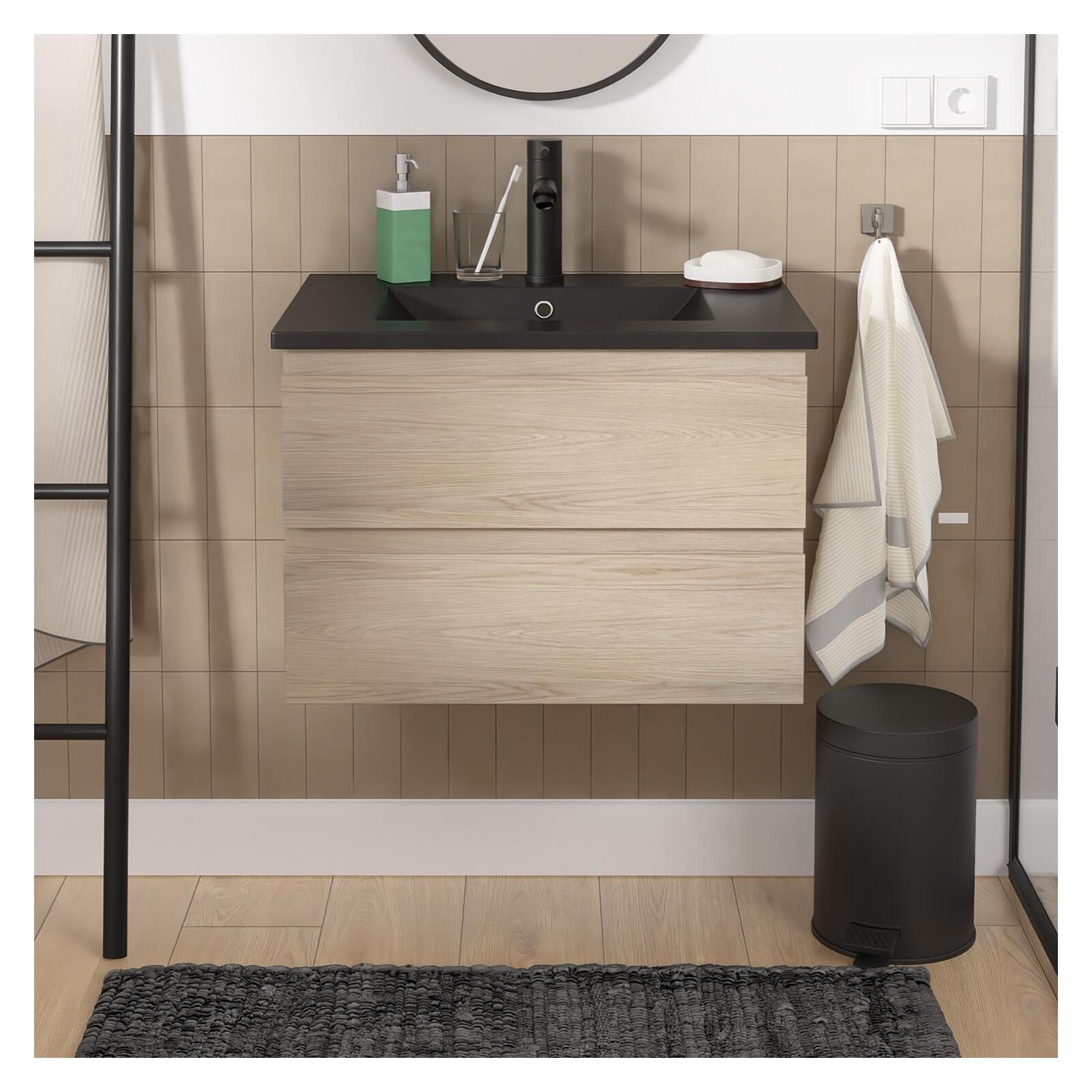 Ensemble meuble simple vasque décor chêne  carbone 60cm + vasque + robinet noir