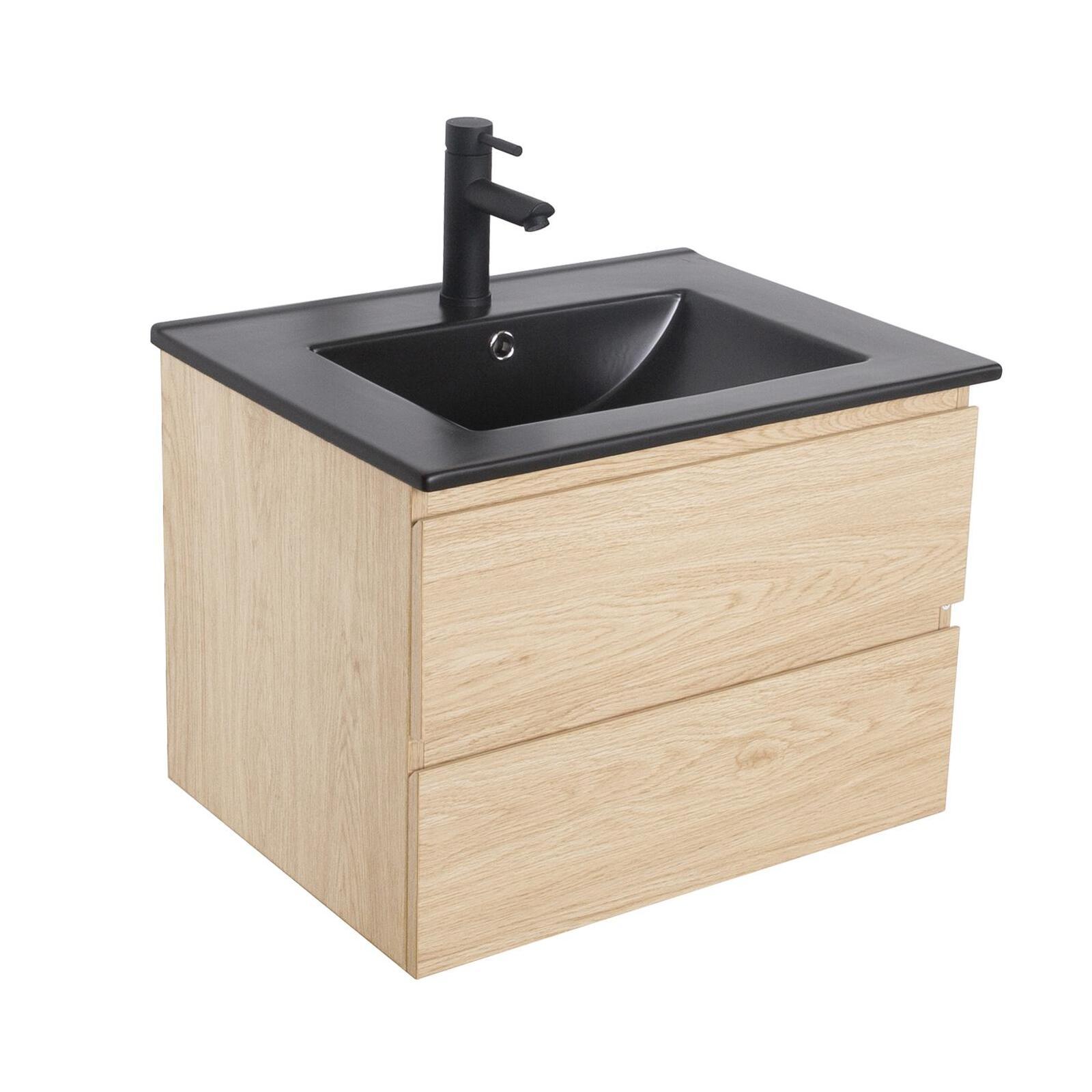Ensemble meuble simple vasque décor chêne  carbone 60cm + vasque + robinet noir