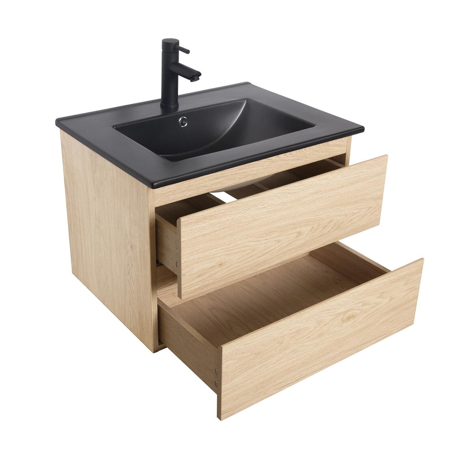 Ensemble meuble simple vasque décor chêne  carbone 60cm + vasque + robinet noir