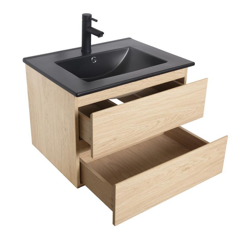 Ensemble meuble simple vasque décor chêne  carbone 60cm + vasque + robinet noir