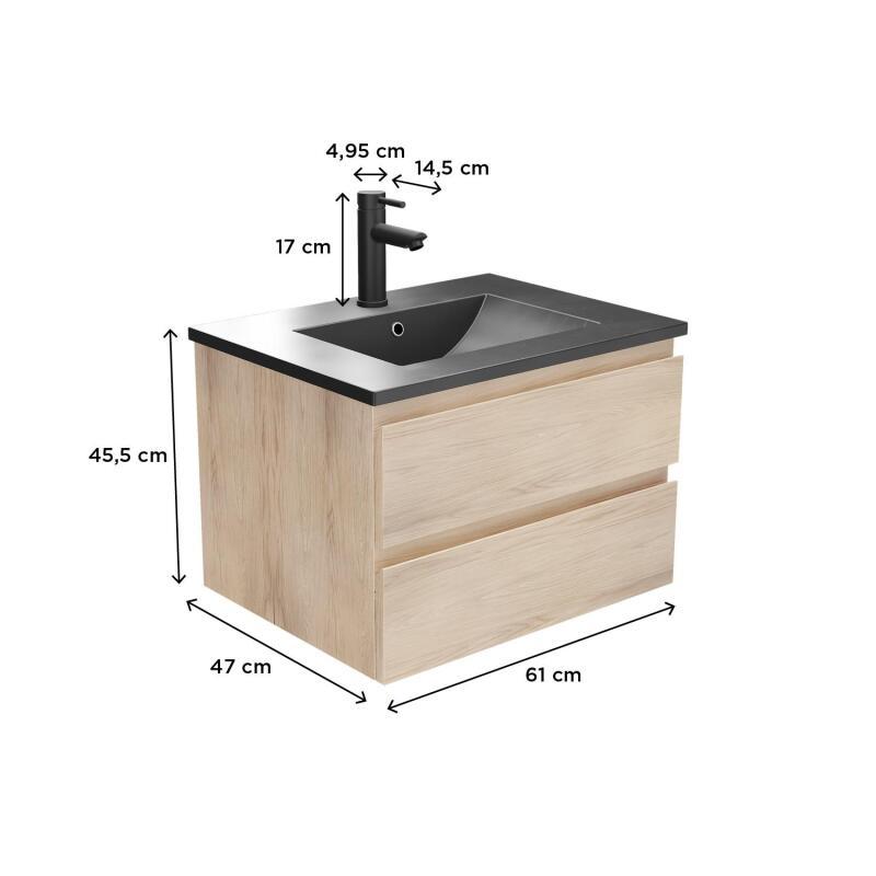 Ensemble meuble simple vasque décor chêne  carbone 60cm + vasque + robinet noir