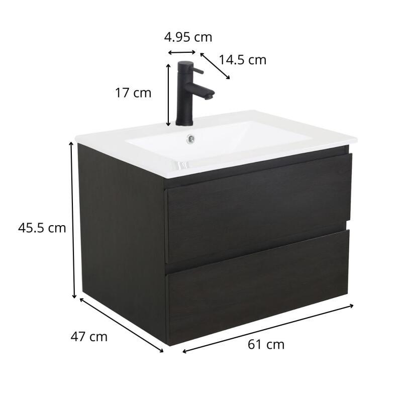 Ensemble meuble simple vasque décor chêne  carbone 60cm + vasque + robinet noir